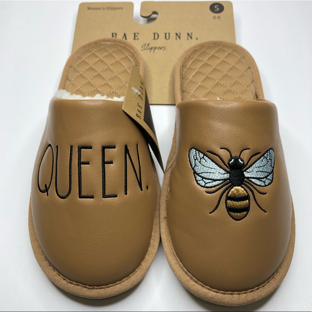 Rae Dunn  “Queen Bee” Slippers House Shoes, Tan,  Vegan Leather Size S 5-6